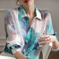 韓国風ファッション エレガント プリント ボタン 折り襟 シャツ