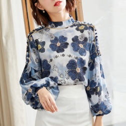 女っぽさが漂う ファッション プリント 花模様 ランタンスリーブ スタンドネック 韓国系シャツ・ブラウス