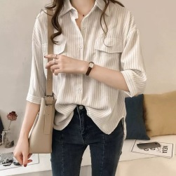 韓国風ファッション フェミニン 無地 ストライプ柄 折り襟 七分袖 シャツ