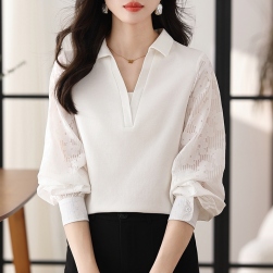 韓国風ファッション 無地 プリント ランタンスリーブ シングルブレスト エレガント シャツ