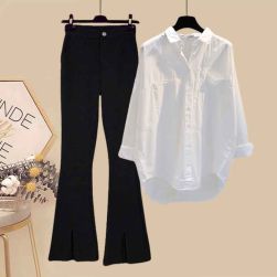 【単品注文】新作 プラスサイズ ファッション 白 シャツ + 無地 ブーツ カットパンツ 2 点セット