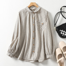 定番シンプル ストライプ柄 韓国系 森ガール 折り襟 ボタン 綿麻 レディース シャツ