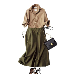 折り襟五分袖シャツトップス+Aラインギャザースカート2点セット 春服 春コーデ ファッション 今日のコーデ 大人コーデ レディース