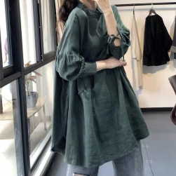 個性的なデザイン カジュアル ランタンスリーブ ボウタイ スタンドネック コットン シャツ 春服 春コーデ ファッション 今日のコーデ 大人コーデ レディース