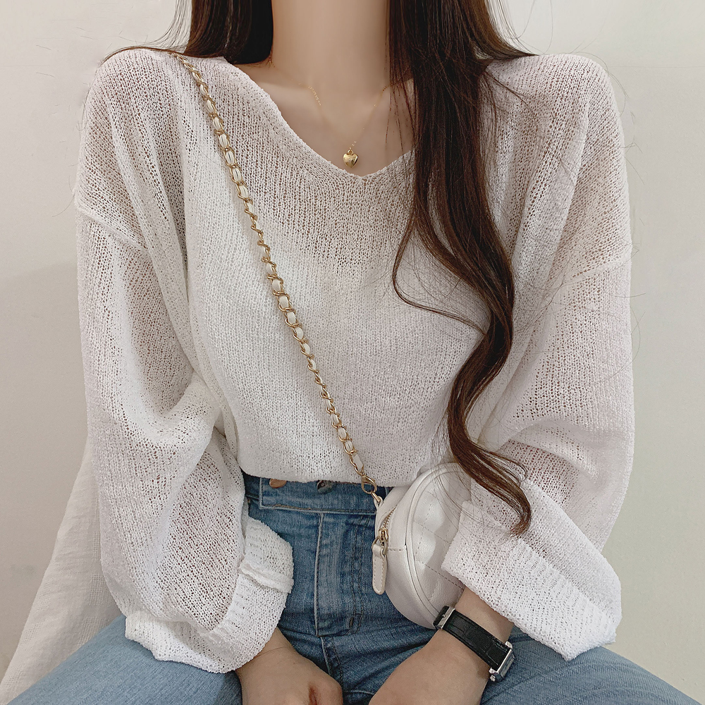 女っぽさが漂う 気質アップ ボウタイ Vネック ファッション 無地 透かし編み Tシャツ