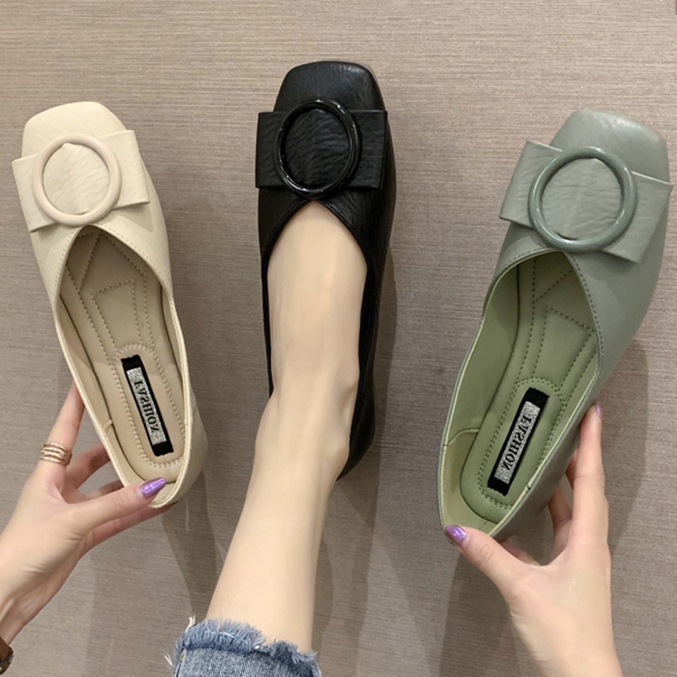 無地スクエアトゥファッションキックフラットヒールパンプス