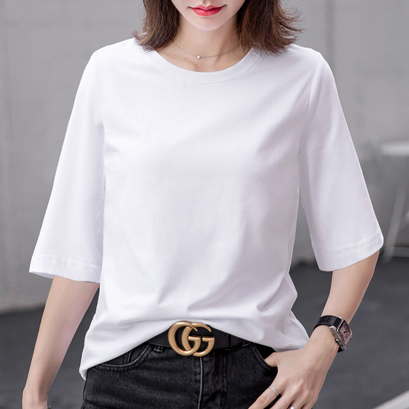 通気性良い 無地 七分袖 コットン ミッドルーズ スリーブ ウンドネック ボトリング Tシャツ
