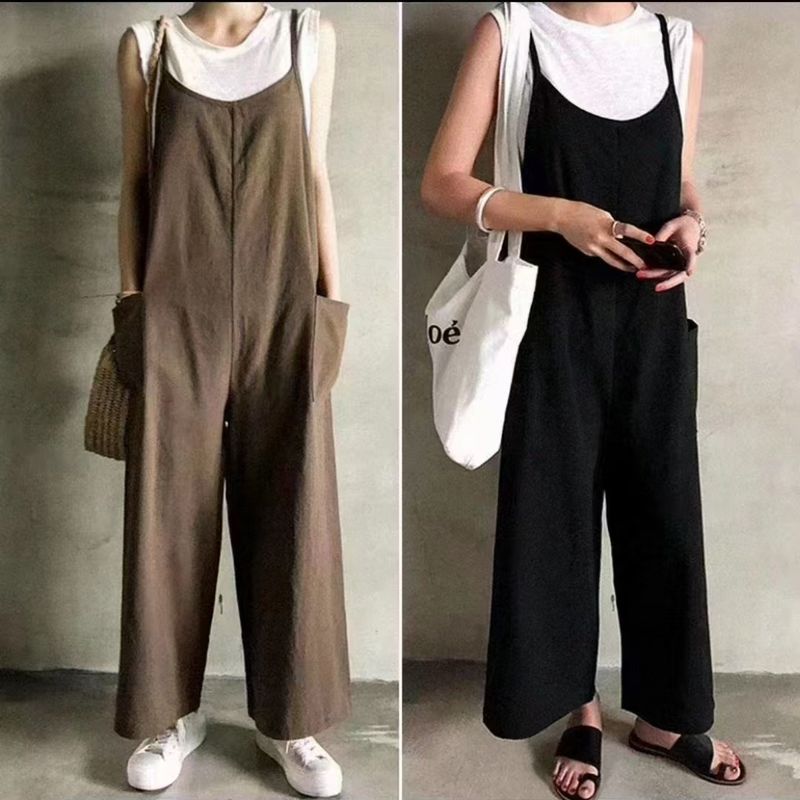 新商品＆再入荷 ポケット付き ロング丈 無地 ノースリーブ レギュラーウエスト カジュアル オールインワン