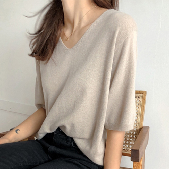 『大人が着たいアイテム』 Vネック プルオーバー 無地 シンプル サマーニット 半袖 Tシャツ