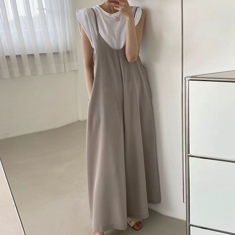 「今 着たい」 ロング丈 無地 ハイウエスト ノースリーブ シンプル オールインワン
