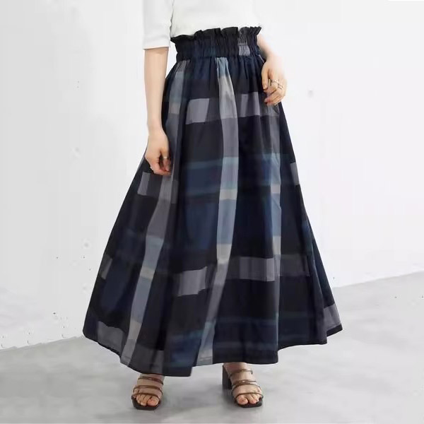 女性に大人気 ハイウエスト 上品見え チェック柄 Aライン ギャザー フレアスカート