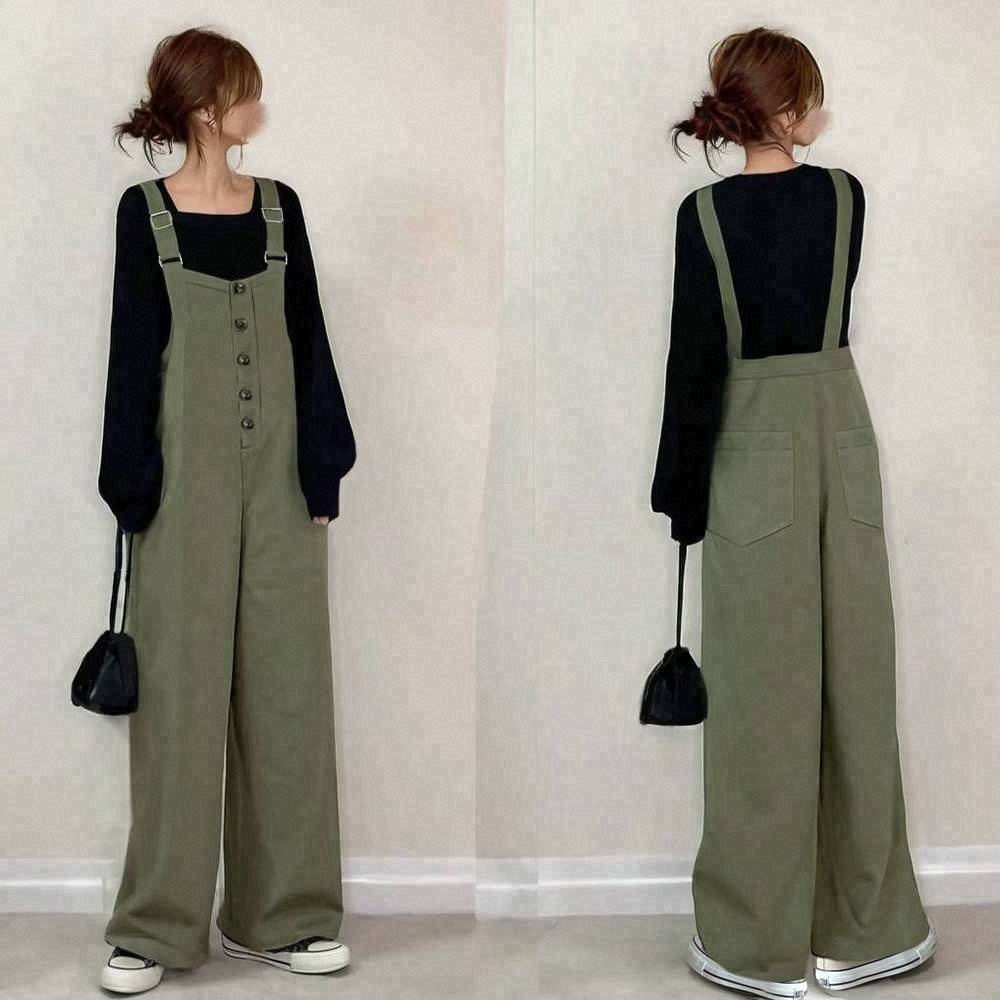 絶対欲しい ノースリーブ ロング丈 ボタン 無地 ポケット付き ファッション オールインワン春コーデ 春服
