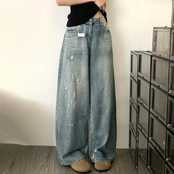 「今 着たい」 ダメージ加工 エイジング加工 ファスナー ロング丈 無地 ストリート系 ジーンズ