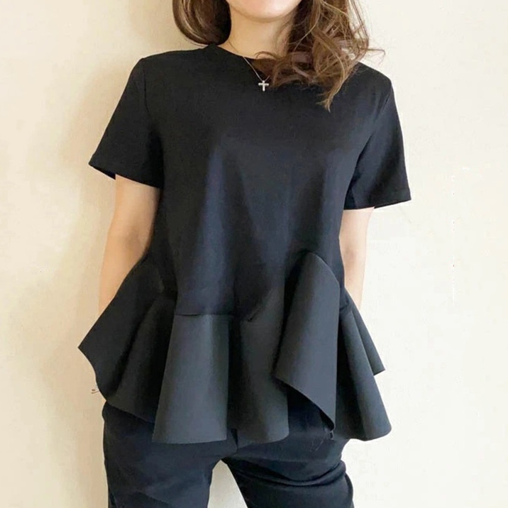 【24時限定★1999円】女性大人気 フリル飾り カジュアル 切り替え ギャザー レディース レトロ フェミニン フェミニン Tシャツ