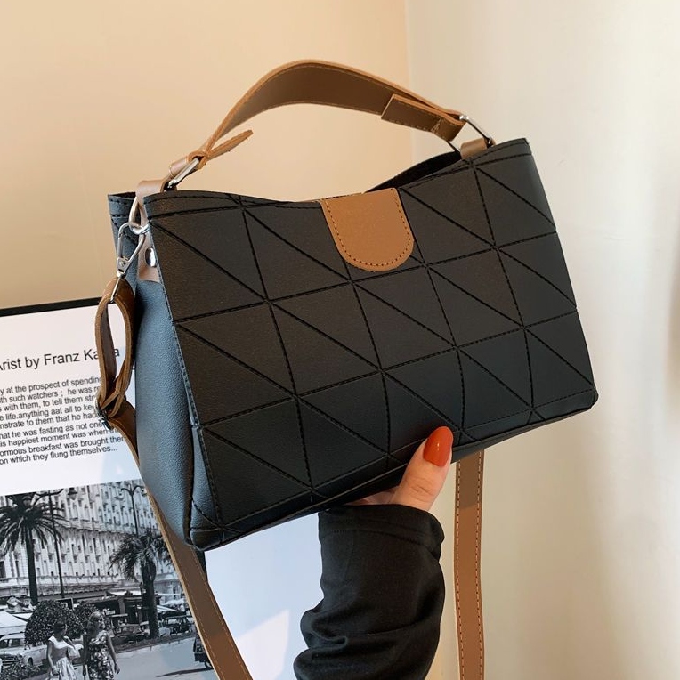 3カラー展開シンプルファスナー切り替えチェック柄配色肩掛けショルダーバッグ