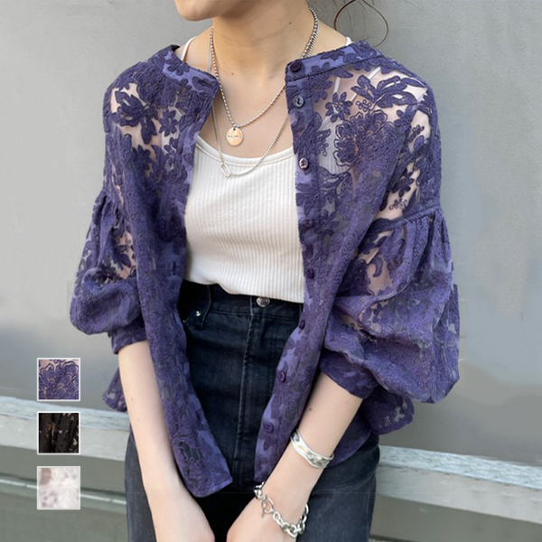 トレンドを先取り♪ 花模様 ラウンドネック レース 七分袖 パフスリーブ スウィート シャツ