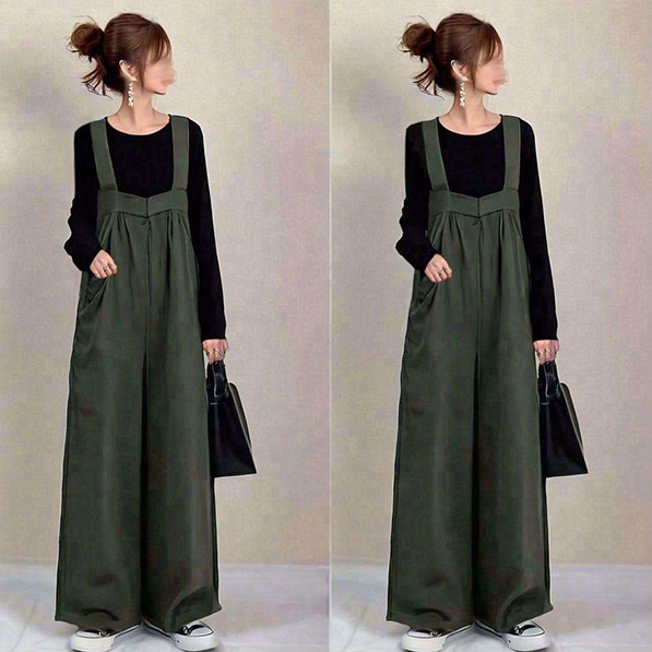 新作発売！ ノースリーブ ギャザー ロング丈 無地 大きめのサイズ感 シンプル オールインワン春コーデ 春服