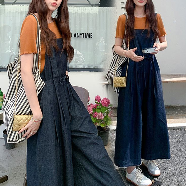 好印象MAX♡ 無地 切り替え ロング丈 脚長効果 ボウタイ ファッション ジーンズサロペット・オーバーオール