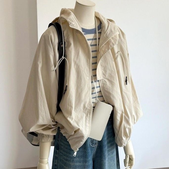 好評発売中 無地 長袖 ファスナー パフスリーブ ストラップ カジュアル 日焼け止め服 アウター