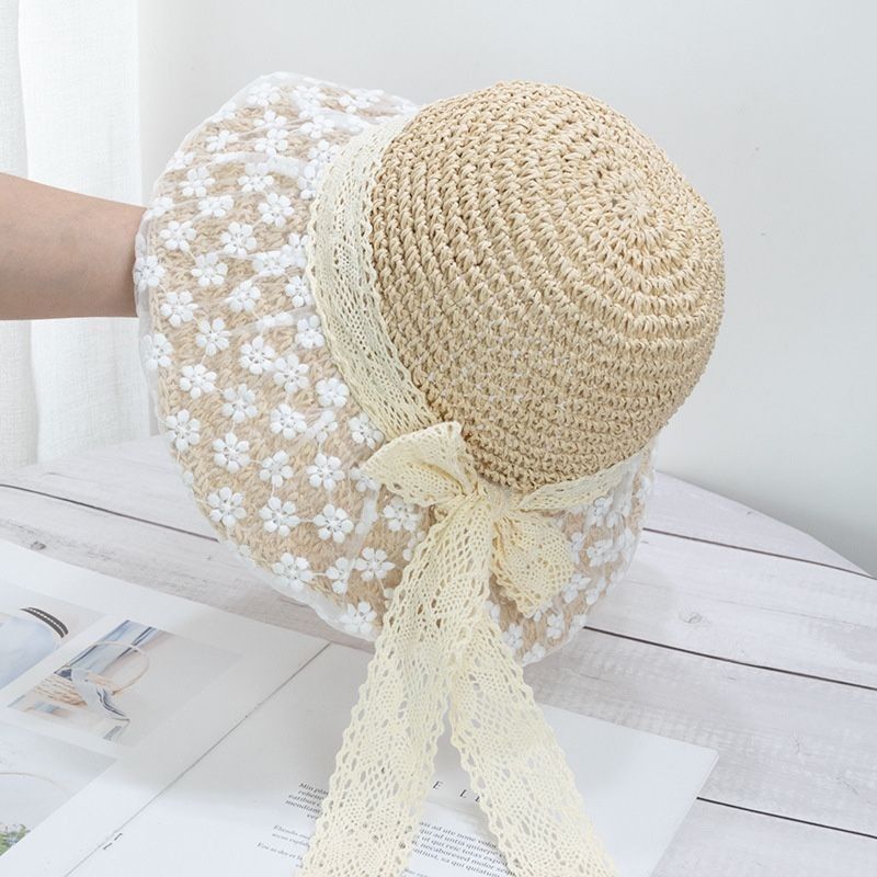 韓国人気新品 草編み レース リボン 花模様 バケットハット ハット