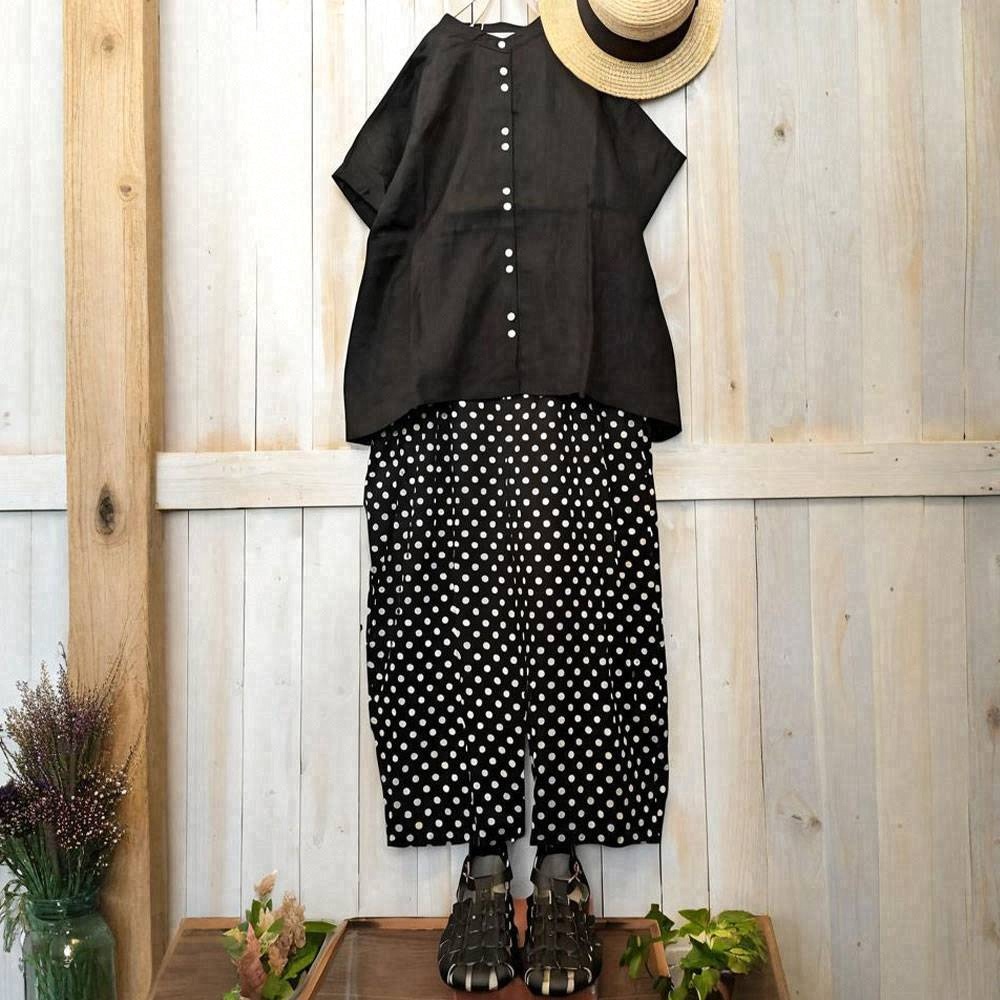 【再入荷】【2点SET】ボタン 半袖 ラウンドネック トップス+ファッション ドット柄 パンツセット