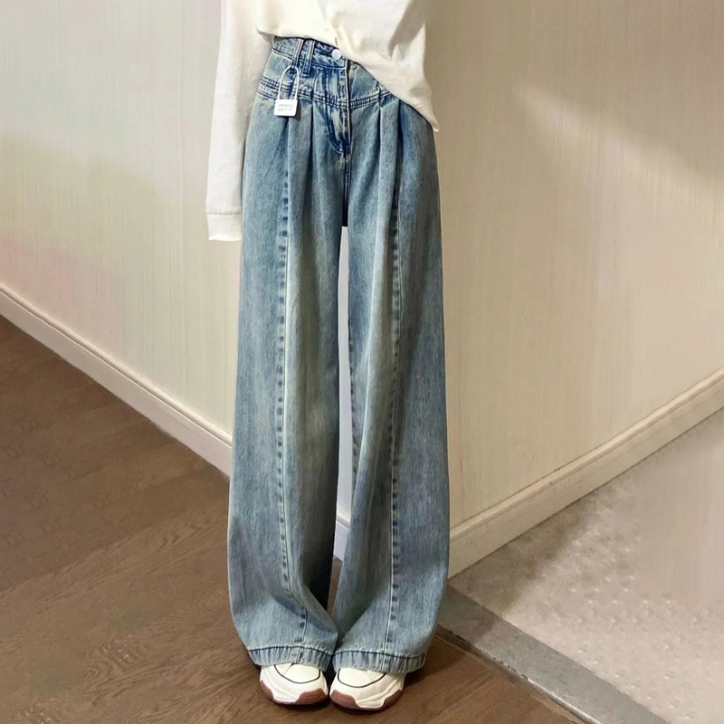 韓国系レトロ無地ハイウエストデニムパンツ
