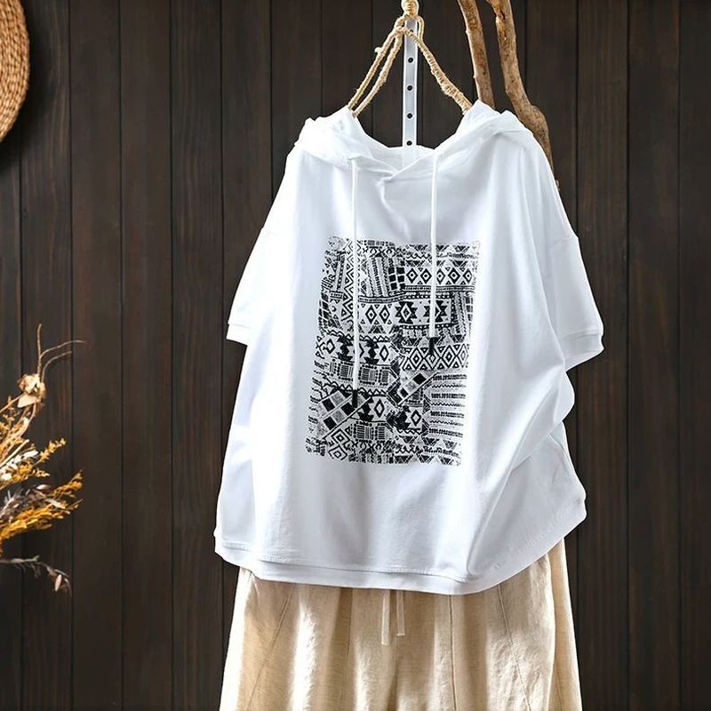 女性らしさ全開♡ 半袖 フード付き 幾何模様 中長 プリント カジュアル Tシャツ
