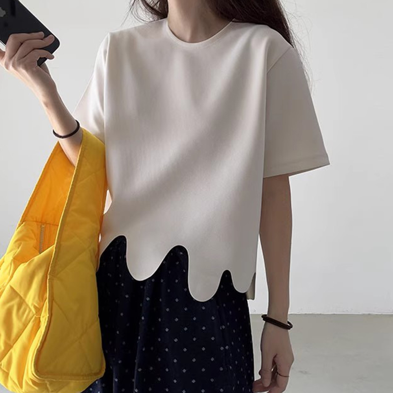 韓国風Tシャツ ウェーブ柄 不規則デザイン ゆったり 半袖