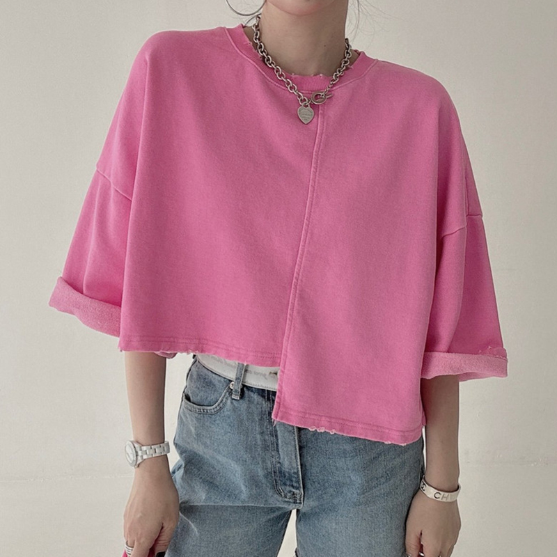 韓国風 小衆Tシャツ 七分袖 ラウンドネック アシメデザイン ゆったりカジュアルトップス