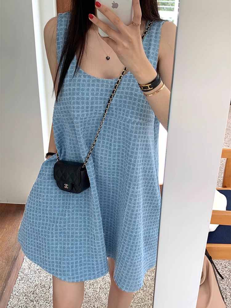 レトロデニムノースリーブワンピース Aラインスカート 小柄さんにも似合う ゆったりシルエット