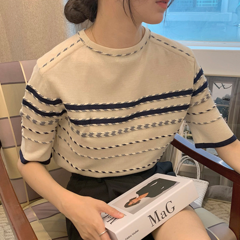 韓国風 小衆カジュアル配色ストライプニットTシャツ ラウンドネック 半袖 ゆったり