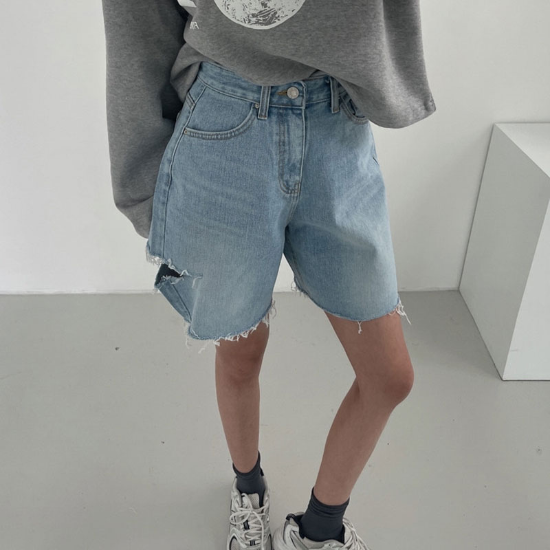 デニムショートパンツ ハイウエスト ダメージ加工 フリンジ裾