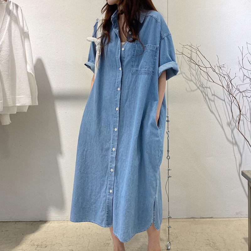 デニムワンピース 半袖 ロング丈 フロントボタン ゆったりシルエット