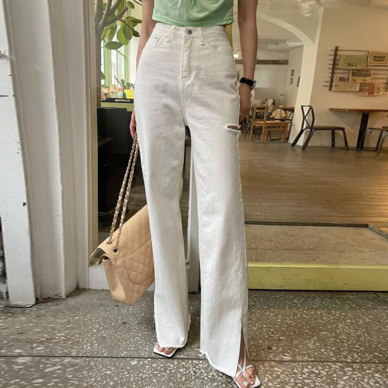 夏のカジュアルに　ダメージ加工のハイウエストワイドデニムパンツ