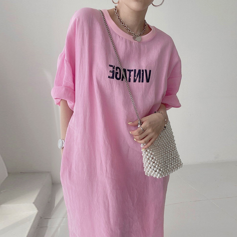 カジュアルロゴプリントラウンドネックロングTシャツワンピース