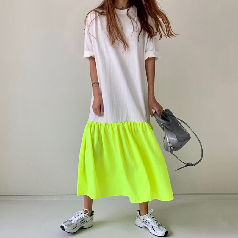 配色切り替えフリルワンピース Tシャツ風 ゆったりシルエット ガーリー感◎