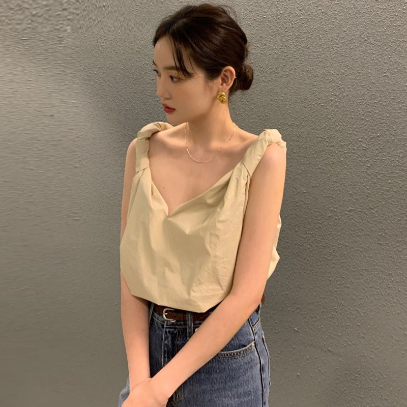 無地Vネックツイストデザインタンクトップ ゆったりシルエット ノースリーブ