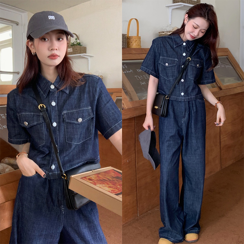 ポケット付きシャツ＋ハイウエストワイドデニムパンツ セットアップ