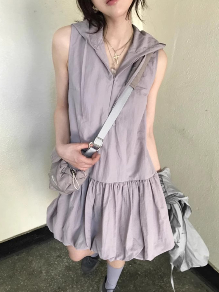 ハーフジップパーカーワンピース フレアスカートデザイン カジュアルガーリー