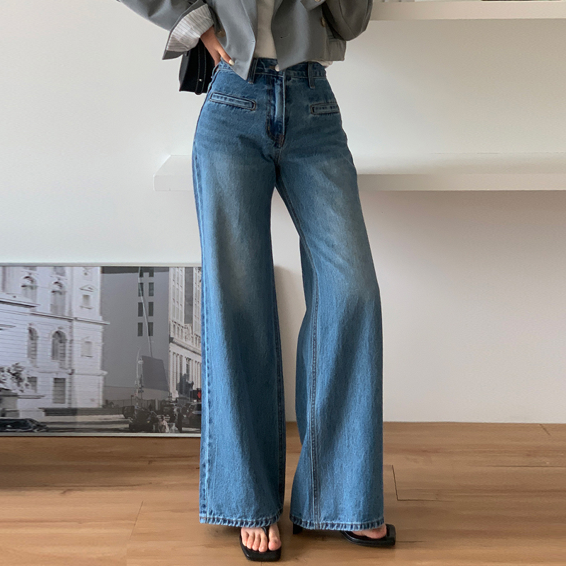 ハイウエストデニムパンツ 微フレアストレート 小柄向けデザインパンツ