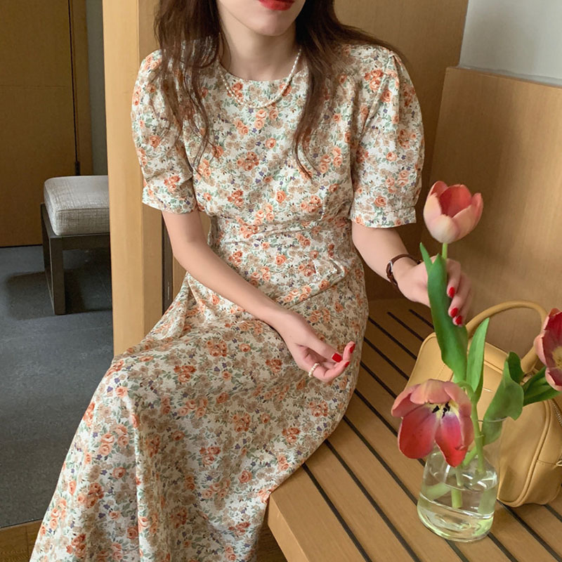 リボンウエストマークワンピース 小花柄 フレアスリーブ ロング丈