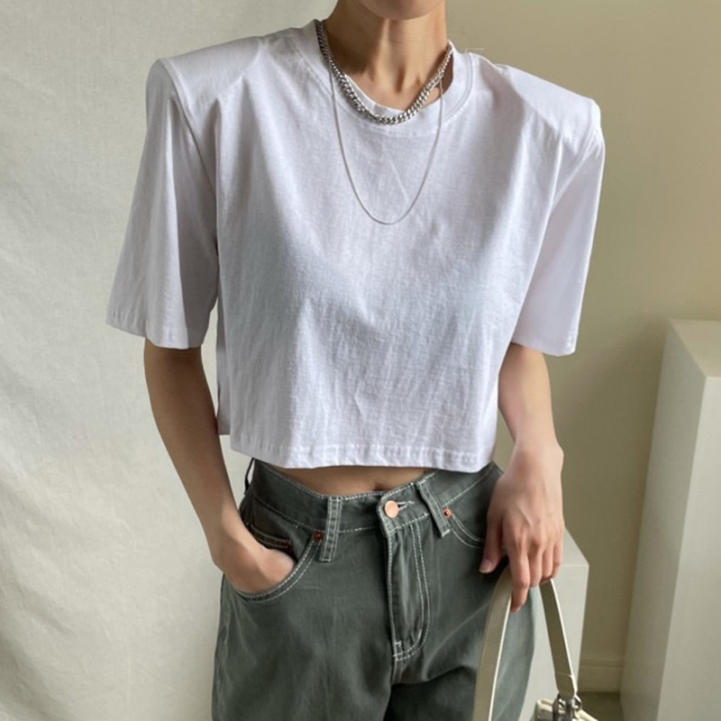 ベーシックラウンドネックゆったりパッドショルダー半袖Tシャツ