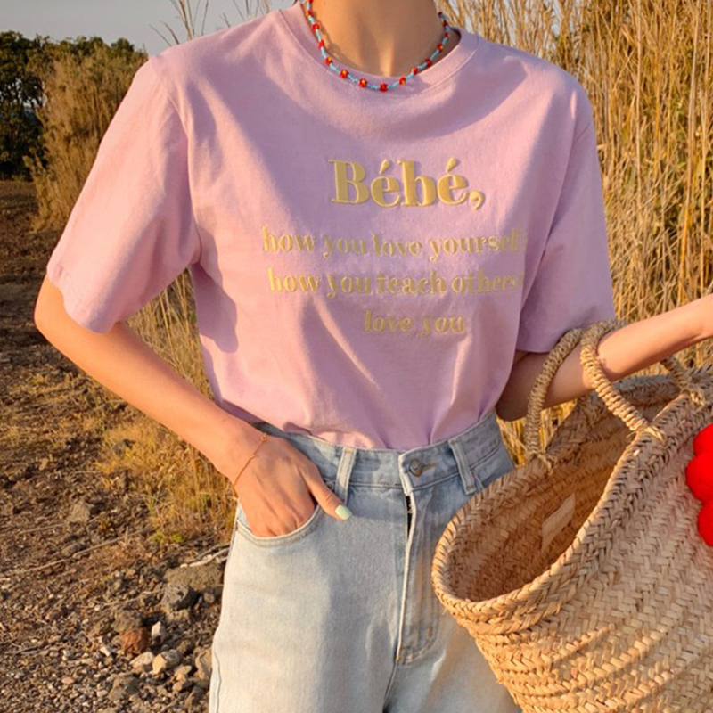 春の韓国風シンプル刺繍ロゴTシャツ ゆったり半袖トップス