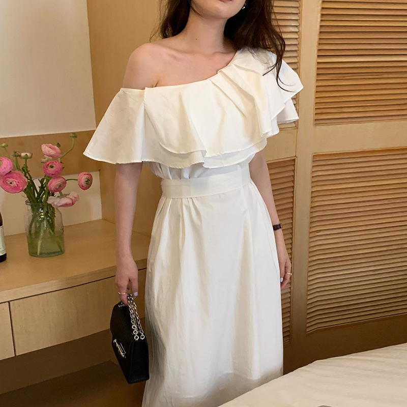 細見え  ウエストマーク  リボン付き  ロング丈  フリルスリーブ  ワンピース  ロングワンピース  フレンチスタイル  韓国風
