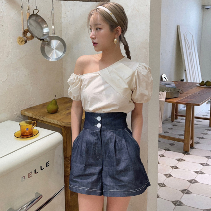 アシンメトリー  ハイウエスト  シャツ  ショートパンツ  デニム  +  個性的  韓国風  リボン