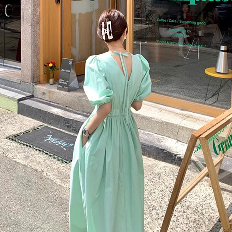 細見え  ウエストマーク  リボン付き  スクエアネック  ロング丈  ワンピース  ロングワンピース  韓国風