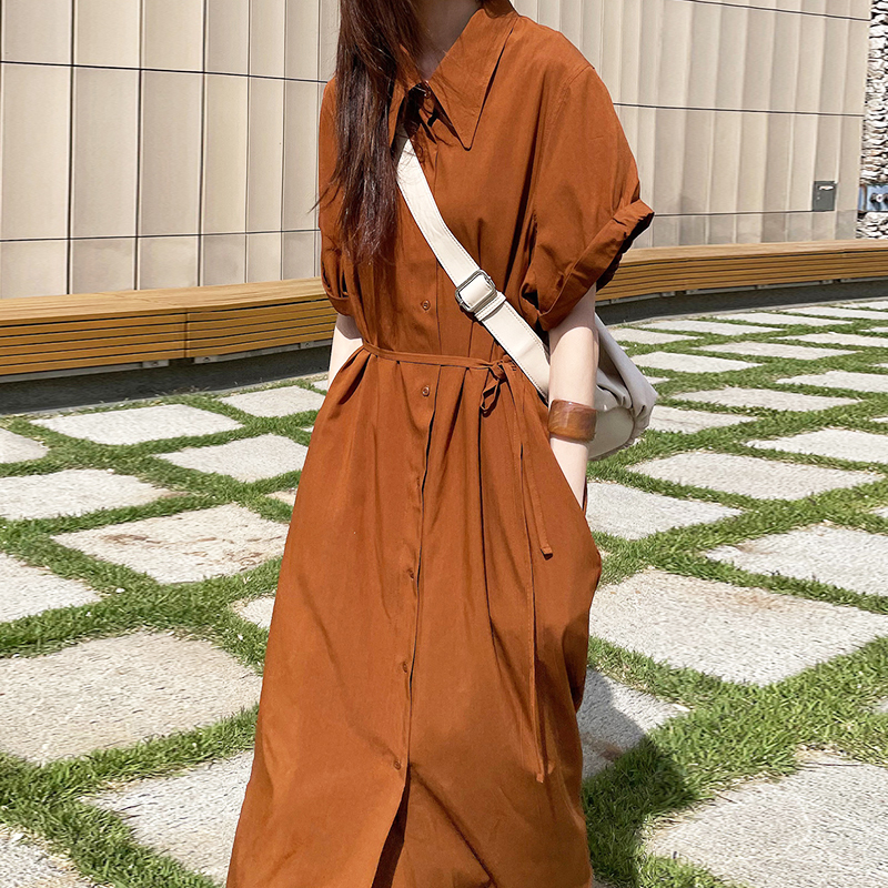 シングルボタン  ゆったり  シャツ  ワンピース  カジュアル  ロングスカート  ゆるっとしたスタイル  韓国風