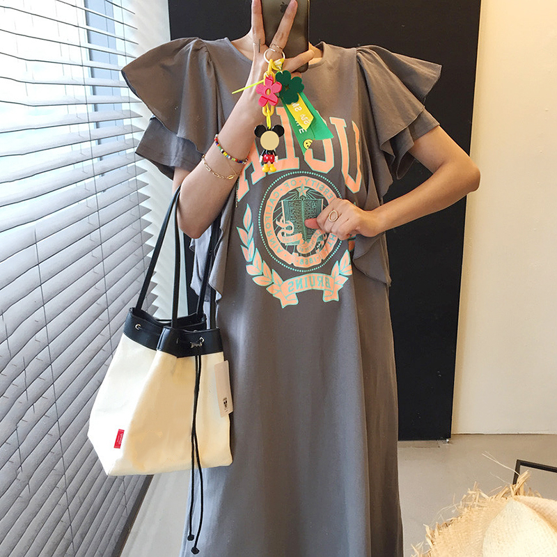 ラウンドネック  ゆったり  着回し力抜群  フリルスリーブ  Tシャツ  ワンピース  半袖Tシャツ  切り替え  ロゴプリント  韓国風  プリント