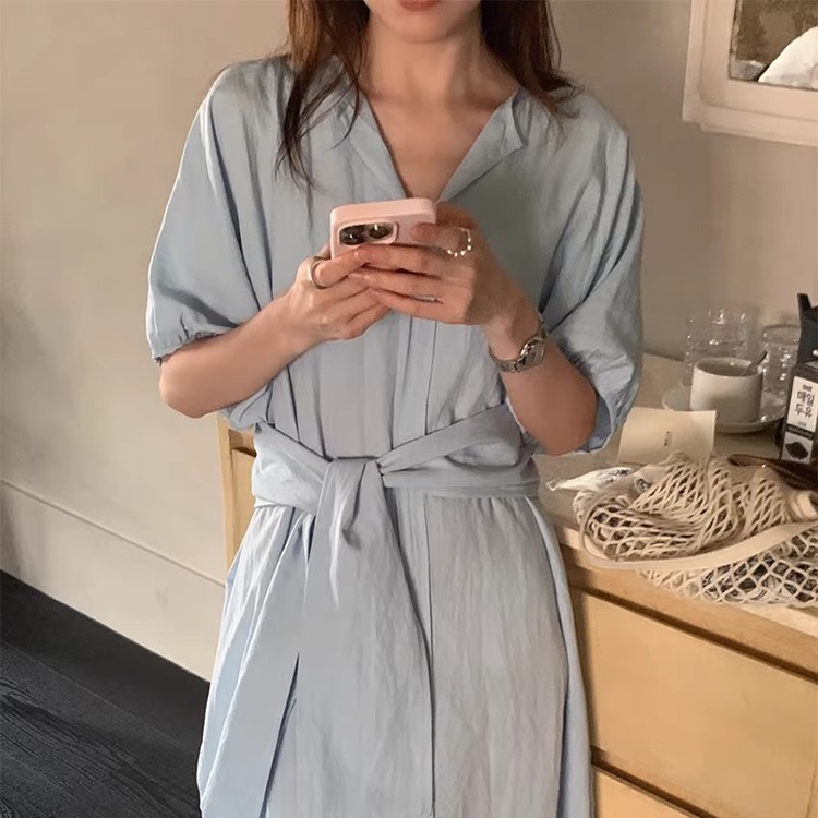 ゆるっとガーリーウエストリボン付きシャツワンピース
