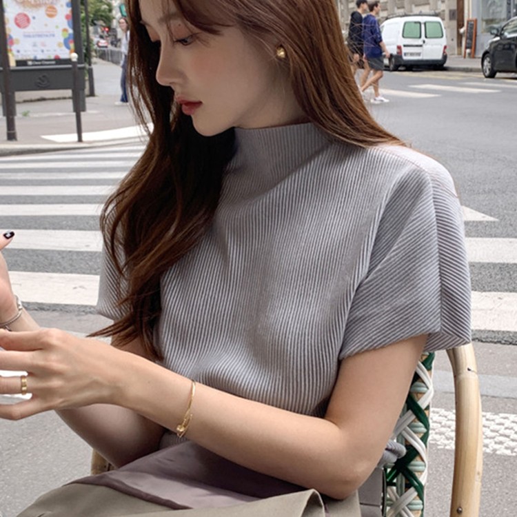 韓国風 シンプルハイネック 半袖Tシャツ 肌感デザイン ゆったり 無地トップス
